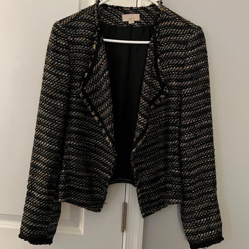 LOFT Tweed Multi Color Fringe Trim Lined Blazer Jacket - size 4 - Picture 2 of 3